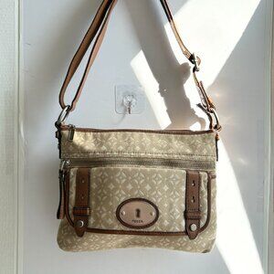 Fossil Maddox Brown Tan Leather Canvas Crossbody / Shoulder Bag